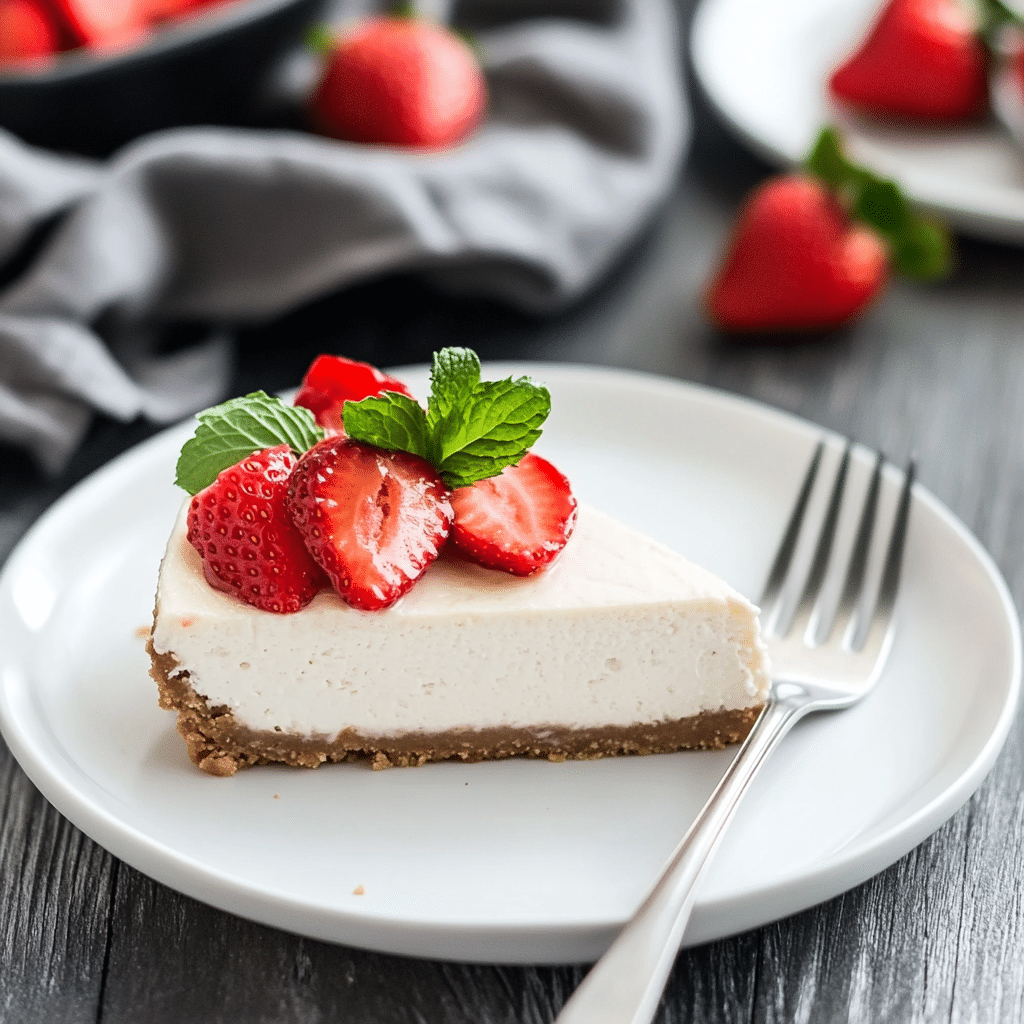 Slice of 3 ingredient no bake cheesecake with strawberries