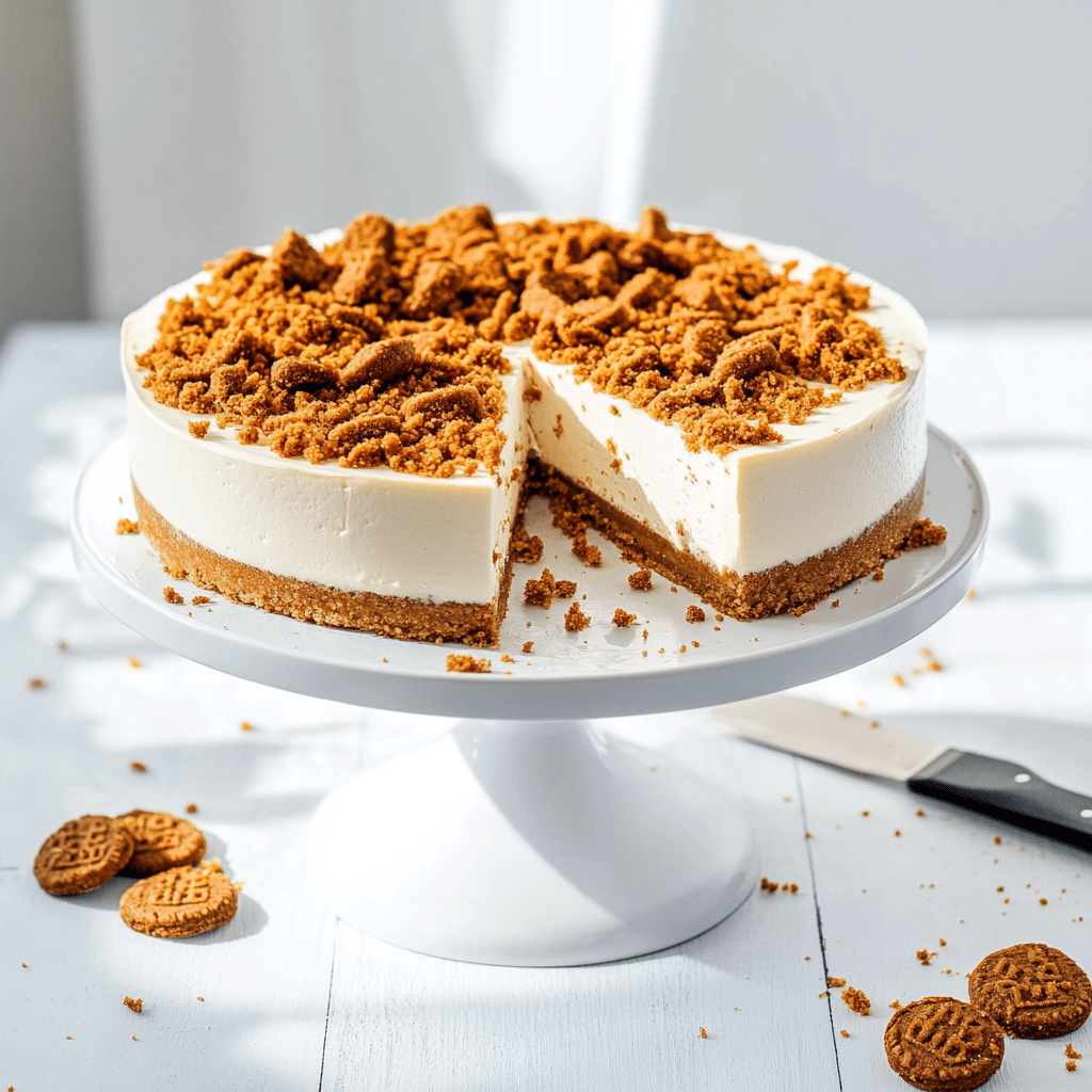 no bake biscoff cheesecake whole with slice cut