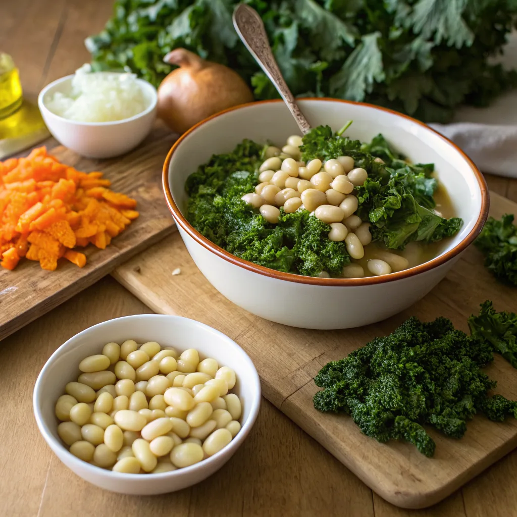 Tuscan white bean soup cooking in a pot
