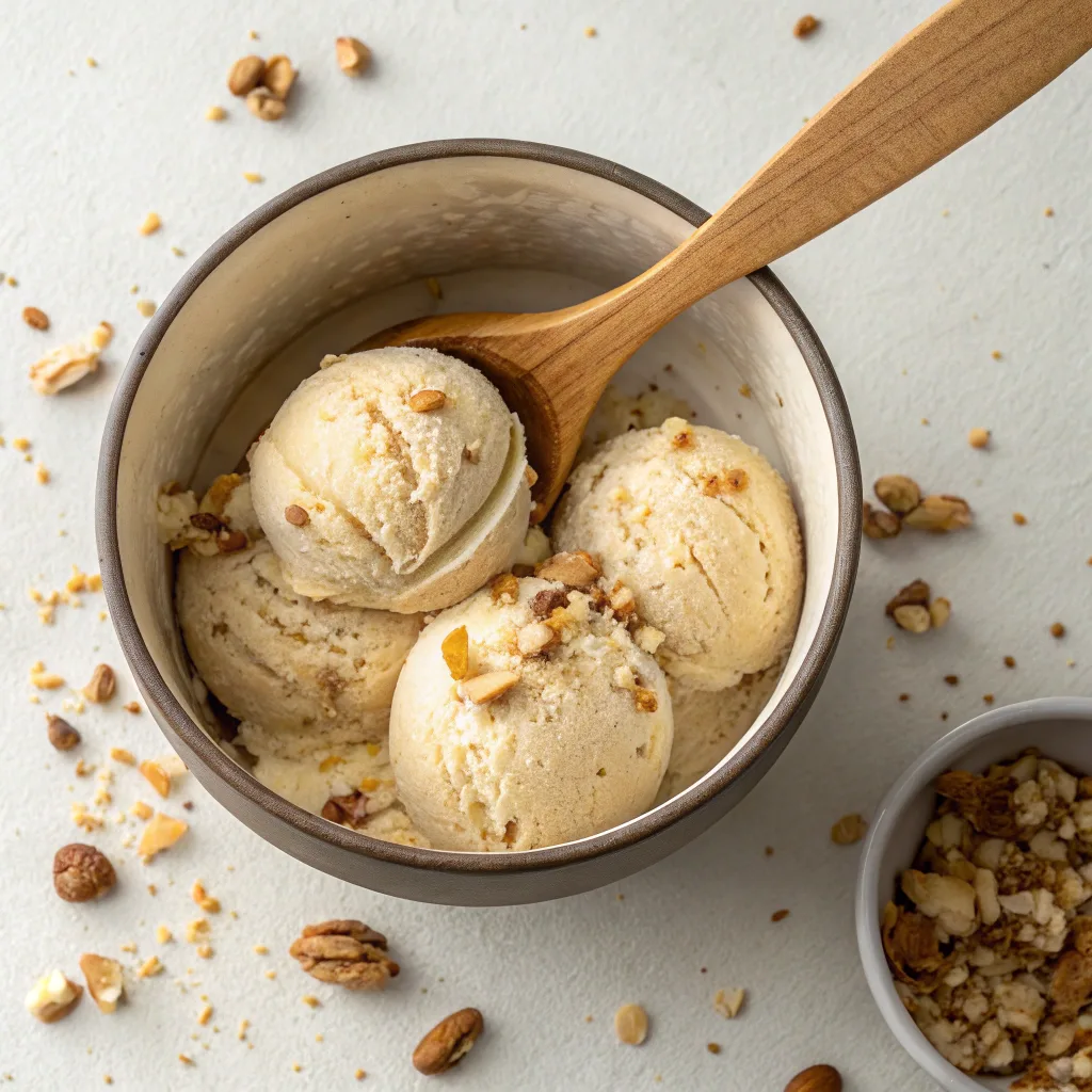 Vegan pinon ice cream with chocolate and caramel