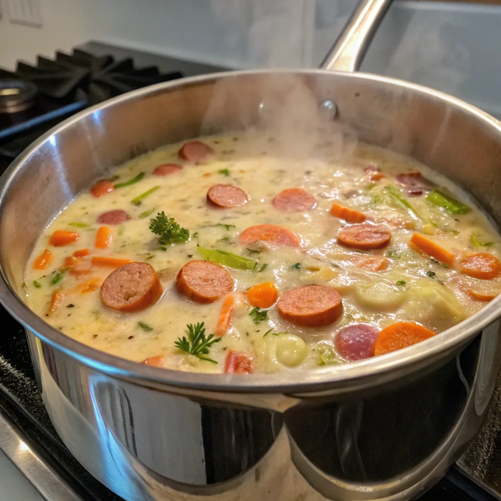 Creamy Parmesan Italian Sausage Soup – The Ultimate Comfort Bowl You’ll Crave Creamy Parmesan Italian Sausage Soup Creamy sausage soup cooking on stove