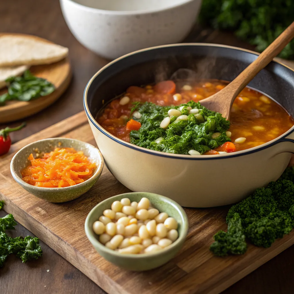 Ingredients for Tuscan white bean soup on a prep board