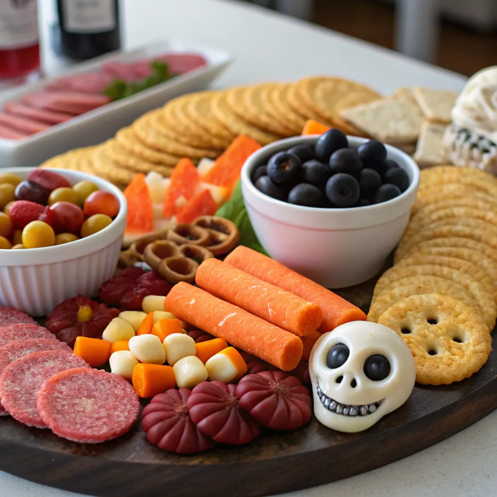 Halloween charcuterie board for spooky party with themed treats